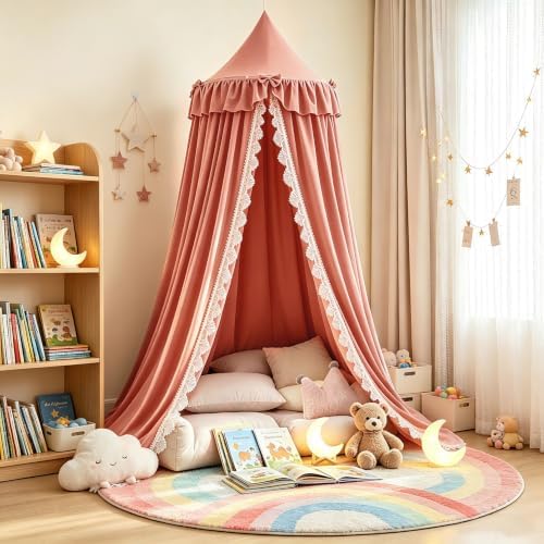 Kertnic Lace & Bow Decor Princess Canopy for Girls Bed, Soft Ruffled Playing Tent Canopy Room Decoration Castle, Reading Nook Canopies in Home (Red Bean)