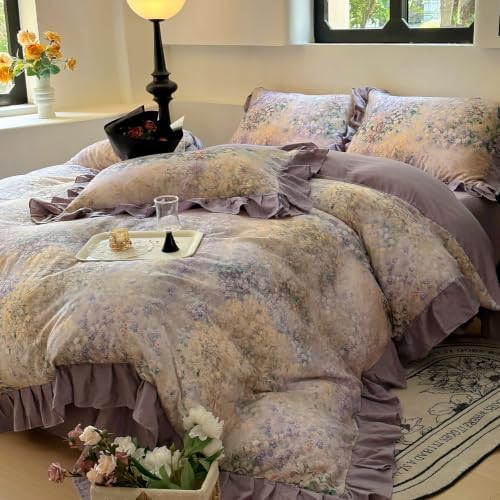 Double Gauze Duvet Cover Set Twin Puprle Ruffle with Flower
