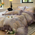 Double Gauze Duvet Cover Set Twin Puprle Ruffle with Flower