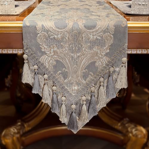 Loom and Mill Luxury Jacquard Damask Table Runner 108 Inches Long, Gray