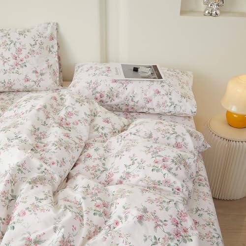 Queen Duvet Cover Set Pink Floral Bedding Set on White 100% Cotton Reversible Vintage Comforter Cover with Zipper&Ties