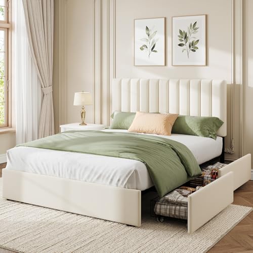 Welzona Full Size Upholstered Bed Frame with Headboard & 4 Drawers, White