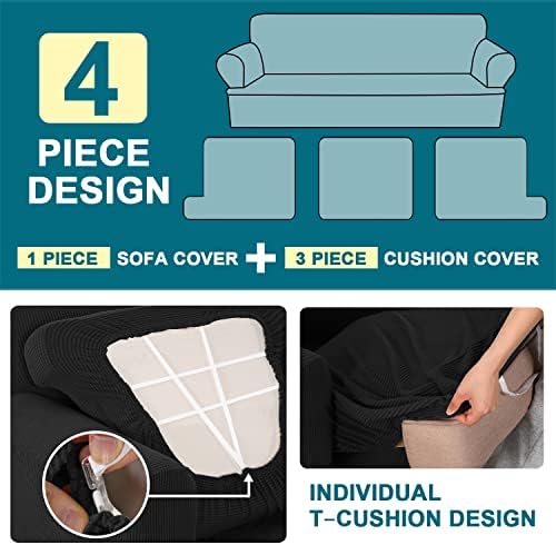 Turquoize 4 Piece T Cushion Sofa Slipcovers Stretch Couch Cover Furniture Covers with 3 Individual T Cushion Covers, Machine Washable (3 Cushion Sofa, Black)