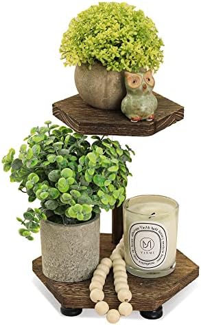 Tikea 2-Tier Wood Riser for Decor, Farmhouse Bathroom Corner Counter Shelf