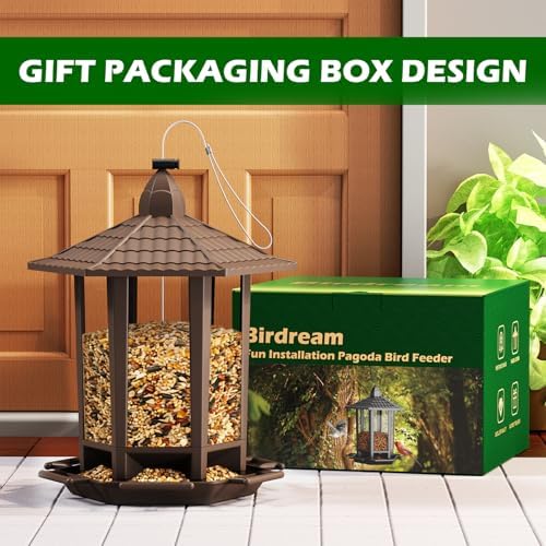 Birdream 2 Pack Bird Feeders for Outdoor, Retro Pagoda Design Fun Installation, Garden Gifts Hanging Bird Feeders for Garden Yard Outside Decoration Bird Watchers - Brown