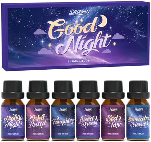 SALUBRITO Good Night Fragrance Oils, Premium Essential Oil Set for Diffuser, Soap, Candle Making scents, Nighty Night, Well Rested, Tranquility, Sweet Dream, Bed Time, Lavender Breeze