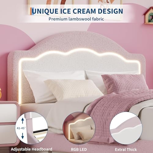 IDEALHOUSE Full Bed Frame with LED Headboard and Under-Bed Drawer, Boucle Fabric Upholstered Platform Bed with LED Light for Kids, Girls, Wooden Slats Support, No Box Spring Needed, Pink