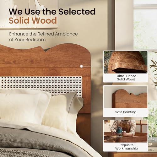 PHI VILLA Solid Wood Full Size Bed Frame with Adjustable Headboard