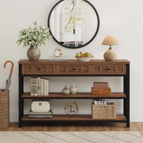 FATORRI Console Table for Entryway, 54.72 Inch Long Farmhouse Sofa Table with 3 Drawers for Living Room, Wood and Metal Hallway Tables with Storage and Couch Tables Behind Sofa, Medium Walnut