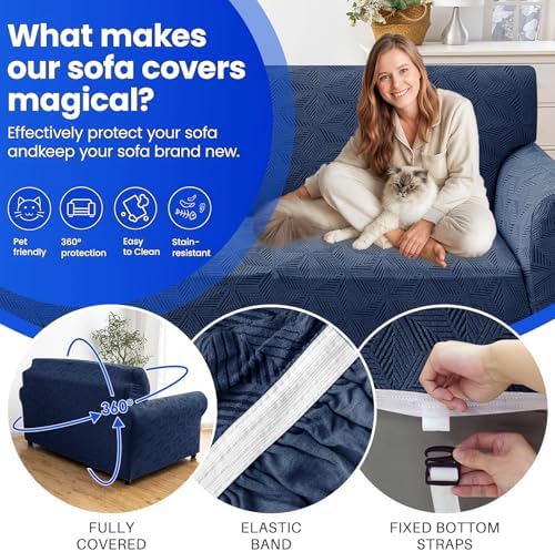 YEMYHOM 1 Piece Stretch Chair Sofa Slipcovers Couch Covers for 1 Seat, Jacquard Armchair Covers with Non-Slip Elastic Bottom, Thickened Furniture Protector for Dogs Pets kids (Small, Navy）
