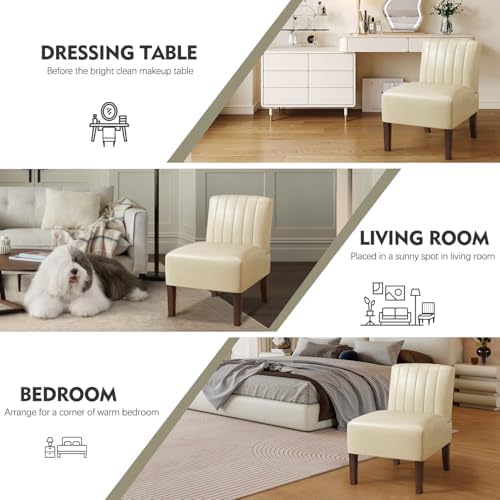 VIRRMO Armless Accent Chairs Set of 2 Upholstered Dining Chairs Living Room Chairs with Solid Wood Legs Bedroom Chair Leather Reading Chair Comfy Chair for Bedroom Vanity Kitchen (Beige)