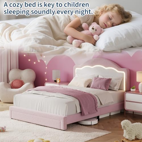 IDEALHOUSE Full Bed Frame with LED Headboard and Under-Bed Drawer, Boucle Fabric Upholstered Platform Bed with LED Light for Kids, Girls, Wooden Slats Support, No Box Spring Needed, Pink