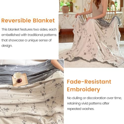 FALUCA Muslin Cotton Throw Blanket Boho Floral Jacquard with Fringe, 50 * 60 Blooms Pattern, Reversible Soft Breathable Cover for Couch Sofa Bedroom Vintage Farmhouse Home Decorative, White&Grey