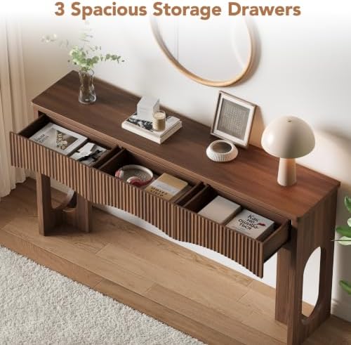 63" Fluted Console Table with 3 Storage Drawers,Walnut