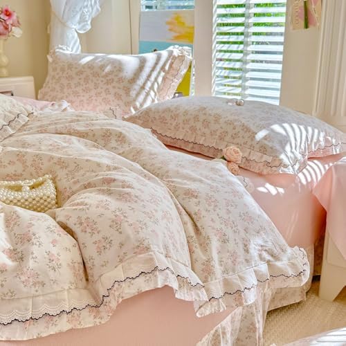 mixinni Country Floral Duvet Cover Set Twin XL Size – 100% Cotton Cottagecore Bedding with Double Layer Ruffle Lace & Black Lace Trim, Shabby Chic Reversible Farmhouse Style Comforter Cover 3-Piece