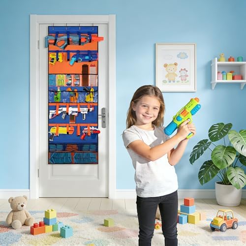 Toy Gun Storage Organizer, Over Door Hanging Rack with Clear Pocket