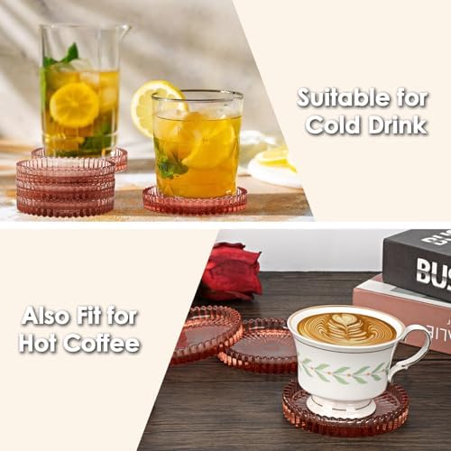 Modern Clear Coaster Set of 5- Glass Coasters for Drinks, Clear Red