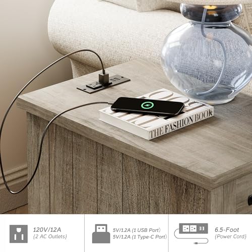 WAMPAT End Table with Charging Station, Grey Side Table with Storage Cabinet & Drawer, Wooden Nightstand with Power Outlets & Type-C USB Ports for Bedroom, Living Room