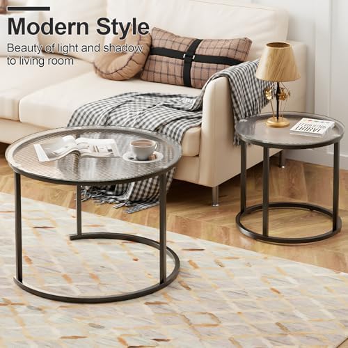 aboxoo Gold Nesting Coffee Table Set of 2, Small Glass Round Nesting Tables for Living Room Bedroom, Accent Tea Table with Black Metal Frame Modern Industrial Simple