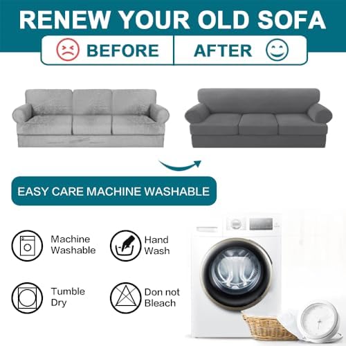 Turquoize 4 Piece T Cushion Sofa Slipcovers Stretch Couch Cover Furniture Covers with 3 Individual T Cushion Covers, Machine Washable (3 Cushion Sofa, Gray)