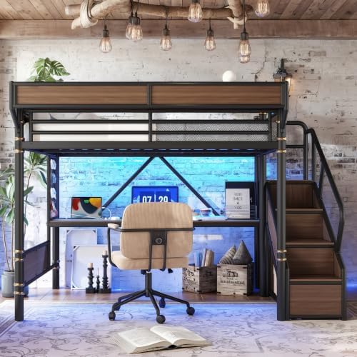 Queen Size Metal Loft Bed Frame with Staircase & Built-in Desk & Wardrobe, Loft Bed with Pegboard & Mesh Storage Baskets & Slats, No Box Spring Required, Easy Assembly, for Bedroom, Black