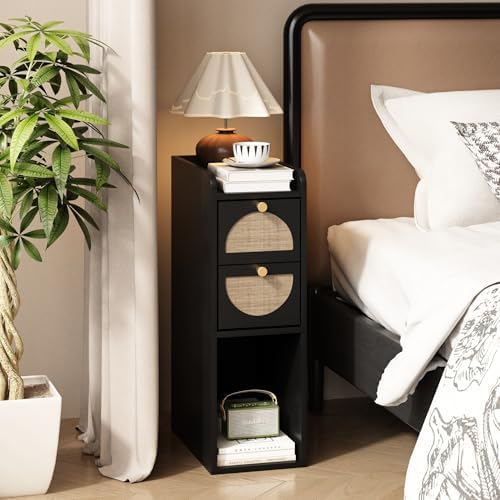 Narrow Nightstand (Rattan & Wood) - Small Bedside Table with 2 Drawers, Open Shelf, Mid Century Modern End Table - for Bedroom, Living Room & Small Spaces, Black