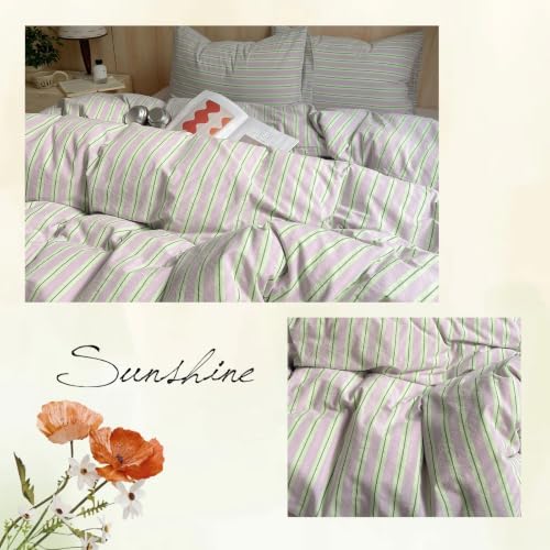 AOJIM Striped Duvet Cover Queen 100% Washed Cotton 3-Piece Vintage Bedding