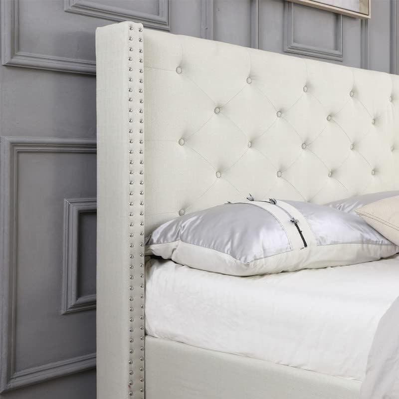 Full Upholstered Platform Bed Frame with 51" Tall Headboard - Button Tufted Cloth Bed - Wood Slat Support with Storage Space- No Box Spring Needed- Easy Assembly - Light Beige - OLIVER & SMITH - Astor