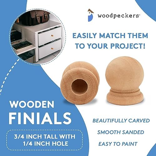 Wood Finials, 3/4 Inch Tall with 1/4 Inch Hole, Unfinished Wood Finials for 1/4 Inch Dowel Rods, Wood Dowel Caps for Crafts and DIY, Pack of 50 by Woodpeckers