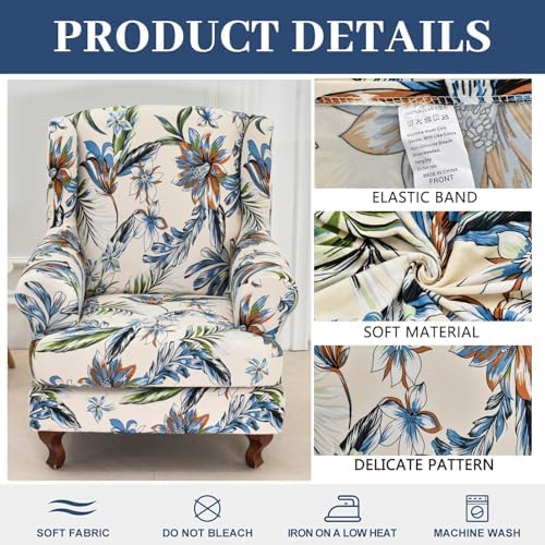 HAOYONG Wing Chair Slipcovers Stretch Wingback Chair Covers Printed 2 Pieces Wingback Armchair Slipcover Elastic Chair Slip Covers Washable Armchair Protector Cover for Living Room and Bedroom