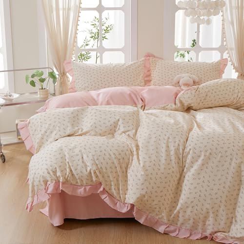 Romantic Pink Floral Duvet Cover Set Queen, 100% Cotton Ruffle Lace Bedding Set, Coquette Botanical Flower Comforter Cover with 2 Pillowcases, Soft Aesthetic Princess Bedding for Women Teen Girls