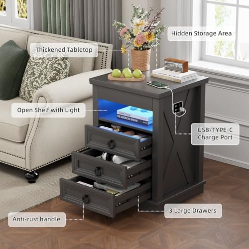 Farmhouse Nightstand Set 2 with Gun Drawer,Bedside Table with Charging Station and Human Body Senor,3 LED Lights Night Stand with 3 Drawers and Open Shelf,End Side Table for Bedroom(Grey)