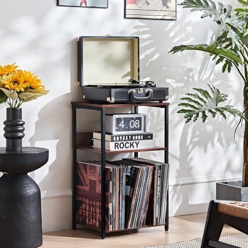 LELELINKY 3 Tier End Table,Record Player Stand with Storage Up to 100 Albums, Turntable Stand for Vinyl, Walnut Couch Nightstand Side Tables for Living Room Bedroom