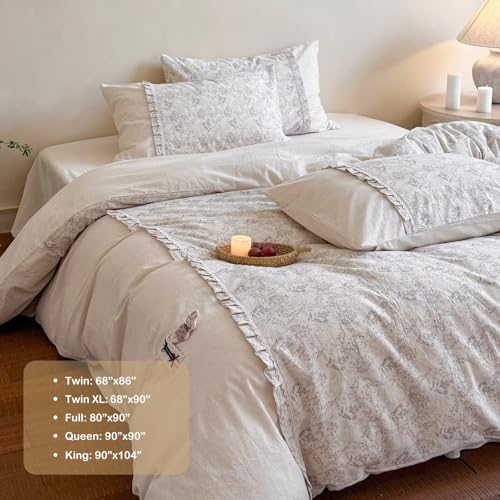 Queen Size Cotton Linen Duvet Cover 90"×90",Cute Bedding Set 3 Pcs