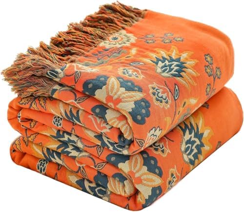 Orange Floral Rustic Boho Blanket for Bed Couch Travel 90"×108"