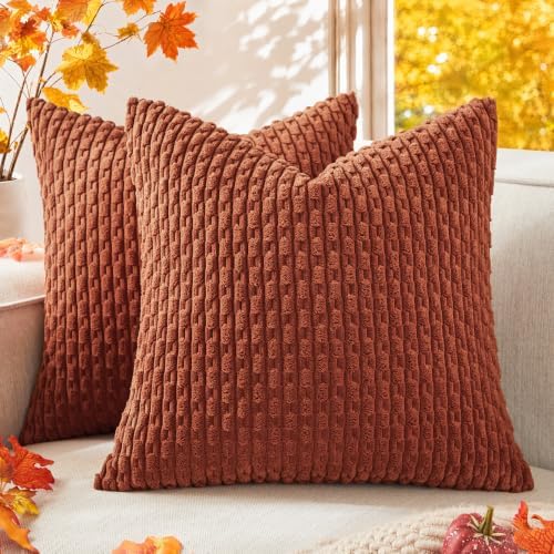 Kevin Textile Soft Corduroy 18x18 Inch Pillow Covers 2 Pack, Rust Brown