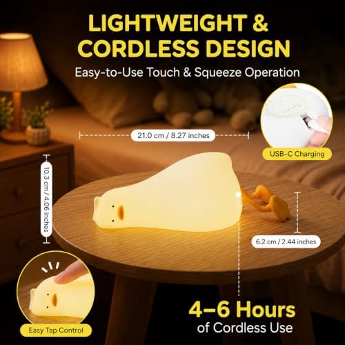 Lying Flat Duck Night Light, Soft Squishy Silicone Duck Lamp Laying Down with 30-Minute Timer, 3 Brightness Levels, Rechargeable Funny Gift for Kids and Adults