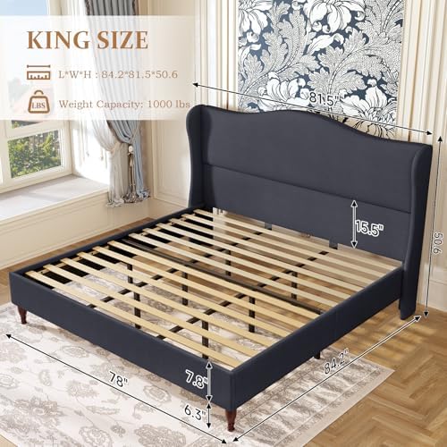 koorlian King Size Upholstered Bed Frame with 51'' Tall Headboard Dark Navy