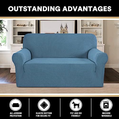 PrinceDeco Stretch Loveseat Sofa Cover Slipcover Couch Cover for 2 Cushion Sofa Washable Sofa Cover for Pets Friendly Furniture Protector Covers with Non Slip Bottom(Loveseat, Dusty Blue)