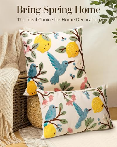 Embroidered Throw Pillow Cover 20x20 Inch, Bird Lemon