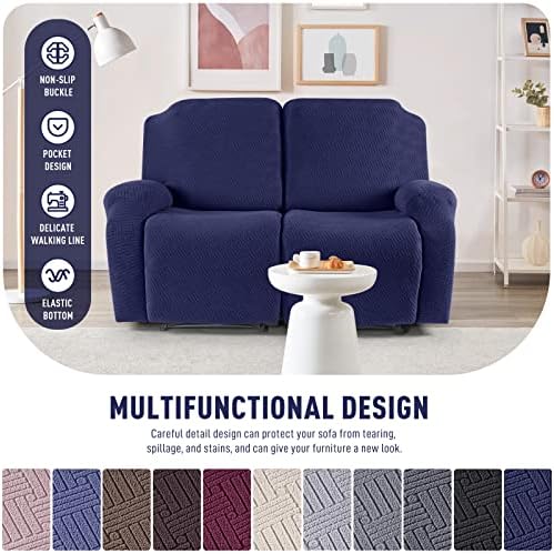 KinCam Recliner Covers, Stretch Reclining Chair Covers, Recliner Sofa Slipcovers Stripe Jacquard Recliner Couch Covers Furniture Protector Covers for Pet Kid (2 Seater, Dark Blue)