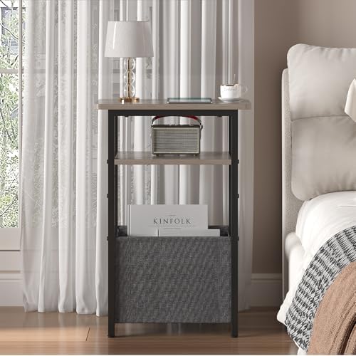 sthmec Narrow Side Table Set of 2, Skinny End Tables with Fabric Basket, Small Side Tables for Small Space,2-Tier Open Shelves with Basket, Slim Nightstands Set 2 for Bedroom,Livinroom,Office, Grey
