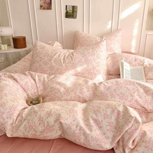AOJIM Pink Floral Duvet Cover Set TwinXL Size 3 Piece Cotton Double-Layer Gauze Comforter Cover and 2 Pillowcases Soft Breathable Aesthetic Bedding Duvet Cover Chic Floral Print Kids Duvet Protector