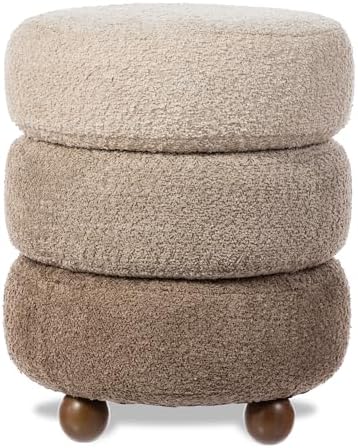 Glitzhome Round Ottoman with Storage, Small Foot Stool, Modern Accent Stool Upholstered Vanity Stool with Rubberwood Ball Feet for Bedroom Living Room Dorm Room, Gradient Brown