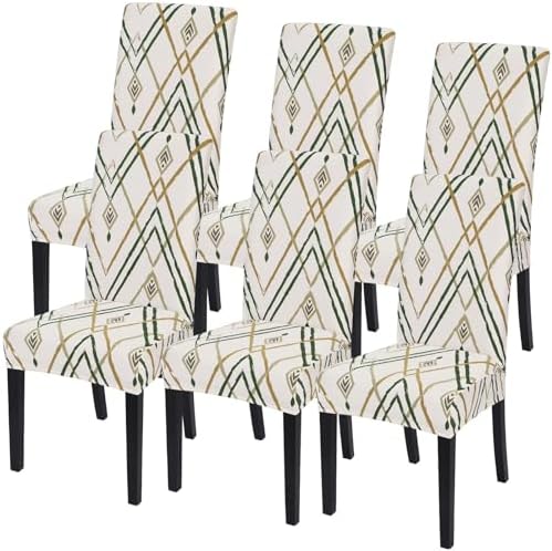 SearchI Dining Room Chair Covers Set of 6, Stretch Printed Kitchen Chair Slipcovers Removable Washable Parsons Chair Covers Protector for Dining Room, Hotel, Ceremony (Beige-Green Stripe)