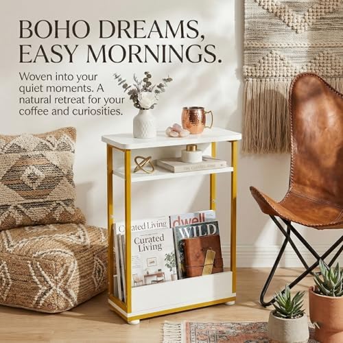 Narrow Side Table,3-Tier Slim End Table with Storage Shelf,Modern Sofa Table Thin Side Table for Small Spaces, Skinny Bedside Table Small Nightstand with Magazine Rack Space Saving/White+Gold
