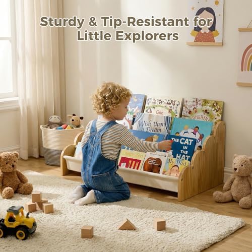Puricon 4-Tier Kids Bookshelf, Wooden Bookcase Organizer for Toddlers with Deep Pockets & Wavy Edge, Decorative Front-Facing Sling Book Rack for Kids Rooms, Nursery, Playroom and Classroom -Beige