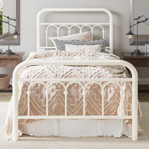 Allewie Twin Size Metal Platform Bed Frame with Headboard, Cream