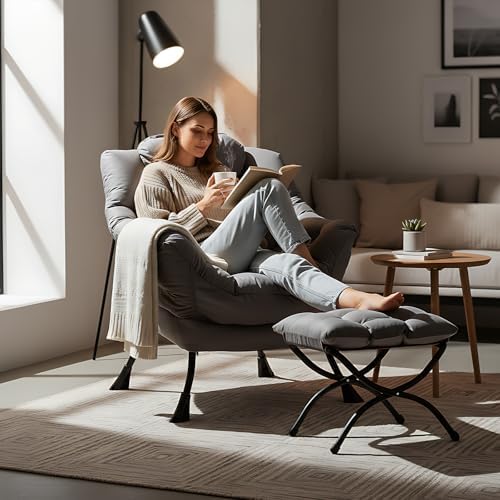 Welnow Lazy Chair with Ottoman, Reading Chair with Footrest,Dark Grey