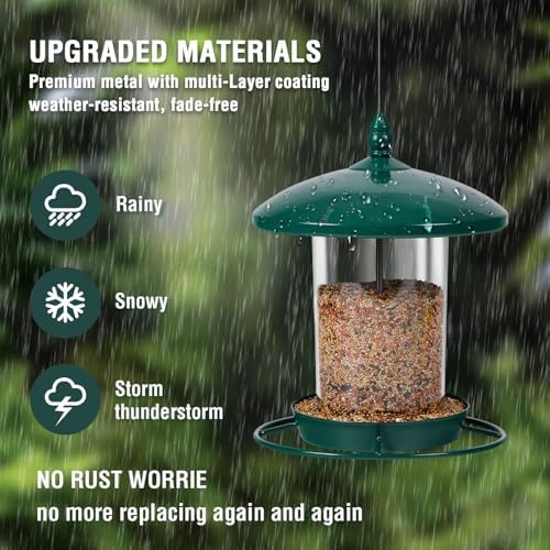Metal Bird Feeder for Outdoors Hanging,3.0LB Seed Feeder,Easy to Fill & Clean,360° Feeding,Chew Proof Weatherproof Roof for Gardens and Wild Birds,Green